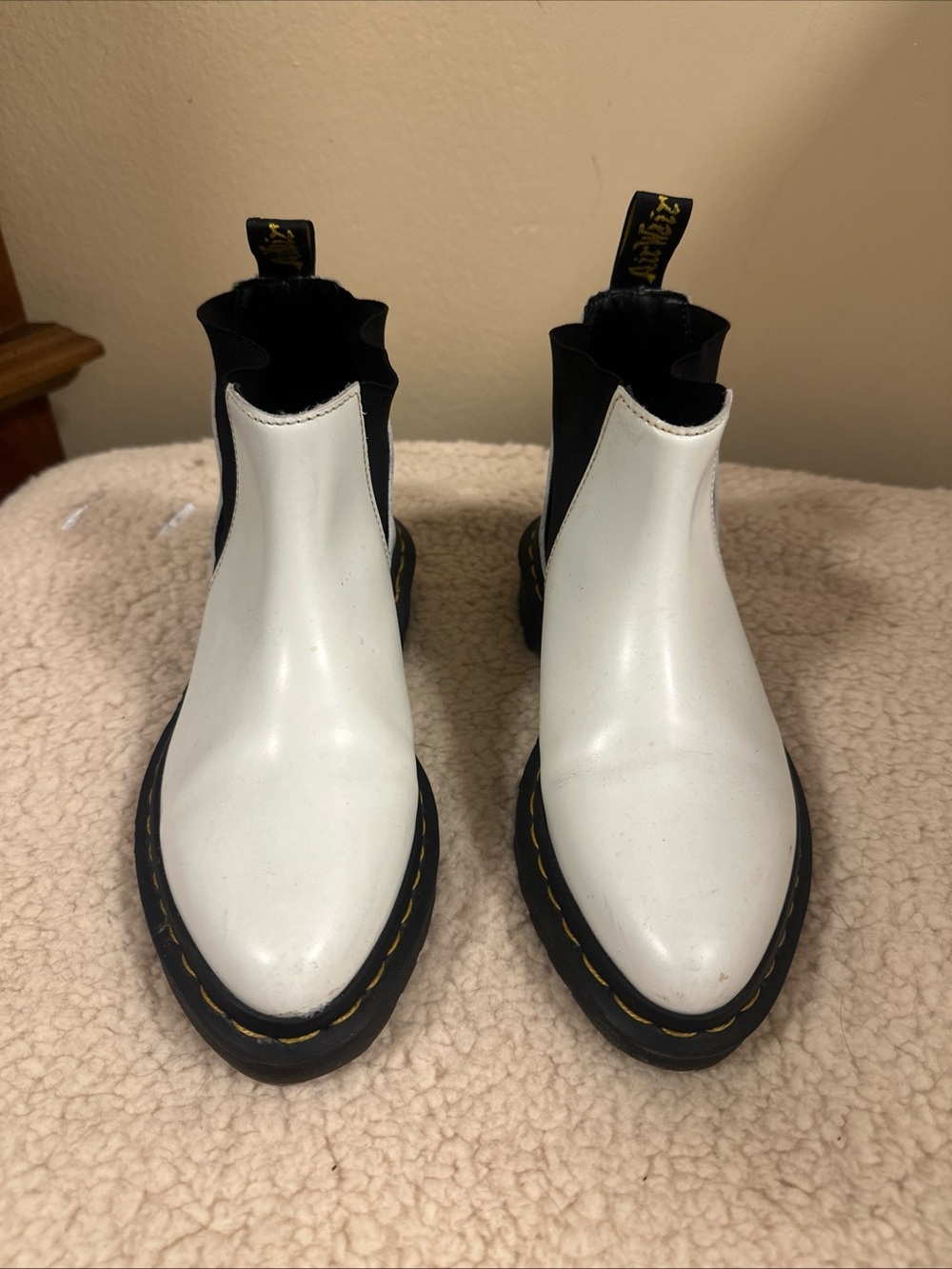 White Bianca Chelsea Boots with Black Elastic Panels and Yellow Stitching size 5